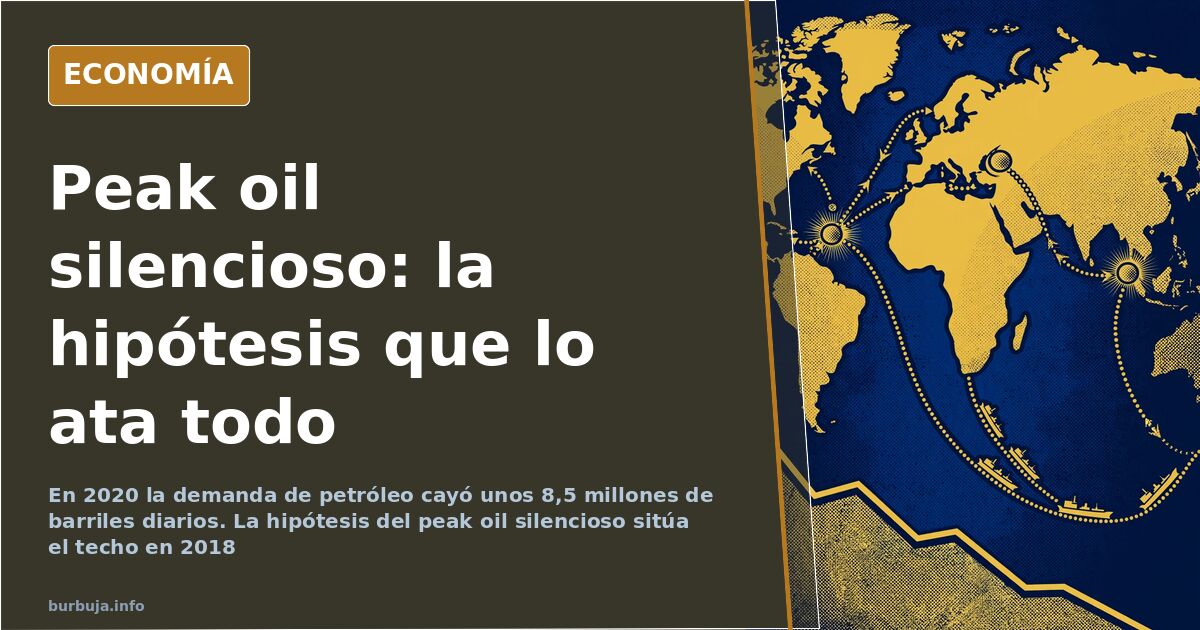 Ilustración editorial con barriles de crudo, un mapa de rutas marítimas y un gráfico descendente sobre fondo azul marino