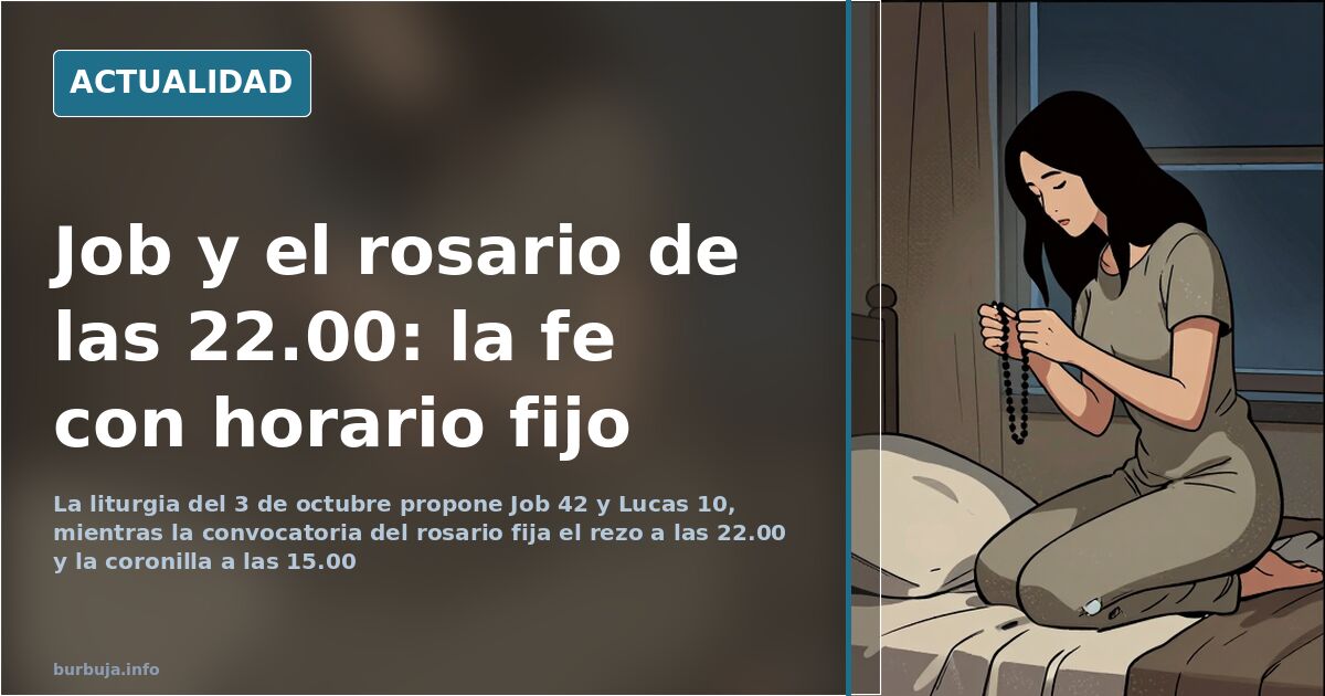 Rosario de madera sobre un misal abierto en la lectura de Job, junto a una vela encendida para el rezo de las 22:00