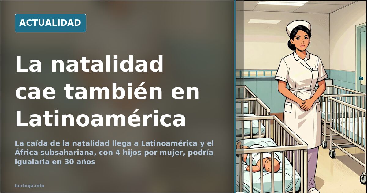 Ilustración editorial con un mapa de Latinoamérica sobre una mesa y una curva de natalidad en descenso