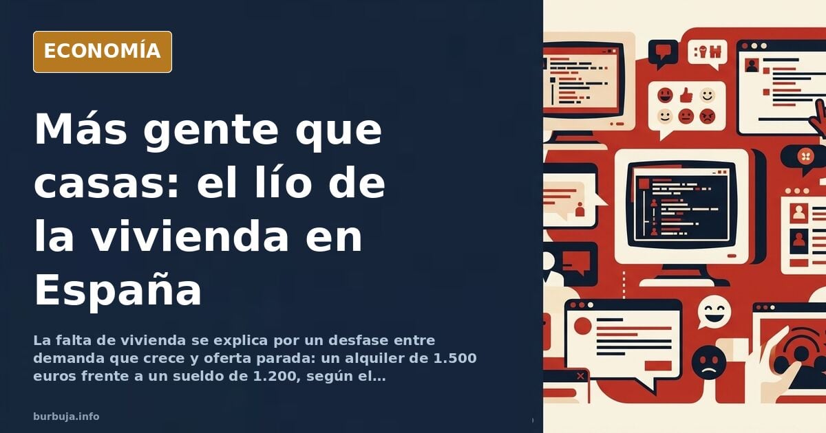 Ilustración editorial de una fila de personas ante una única casa sobre fondo azul marino, símbolo del problema de la viviend