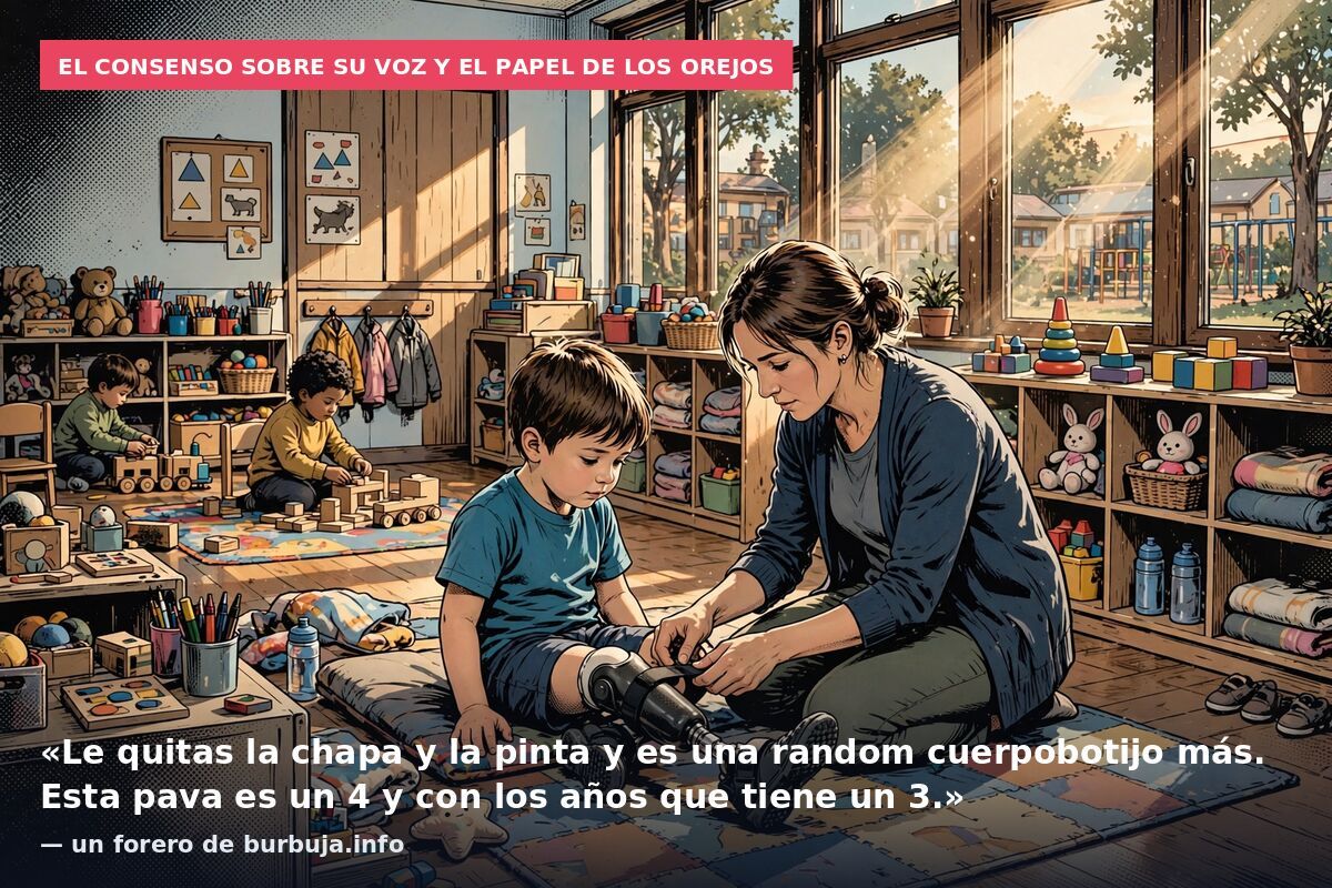 El consenso sobre su voz y el papel de los orejos: «Le quitas la chapa y la pinta y es una random cuerpobotijo más. Esta pava es un 4 y con los años que tiene un 3.» — un forero de burbuja.info