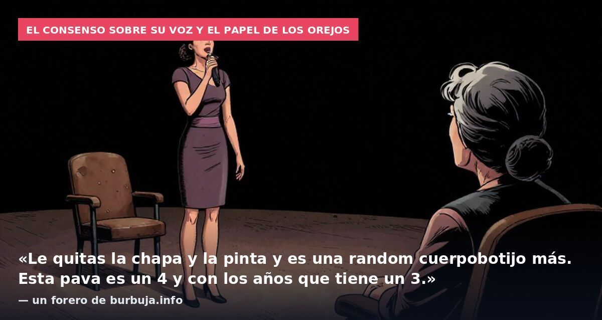 El consenso sobre su voz y el papel de los orejos: «Le quitas la chapa y la pinta y es una random cuerpobotijo más. Esta pava es un 4 y con los años que tiene un 3.» — un forero de burbuja.info