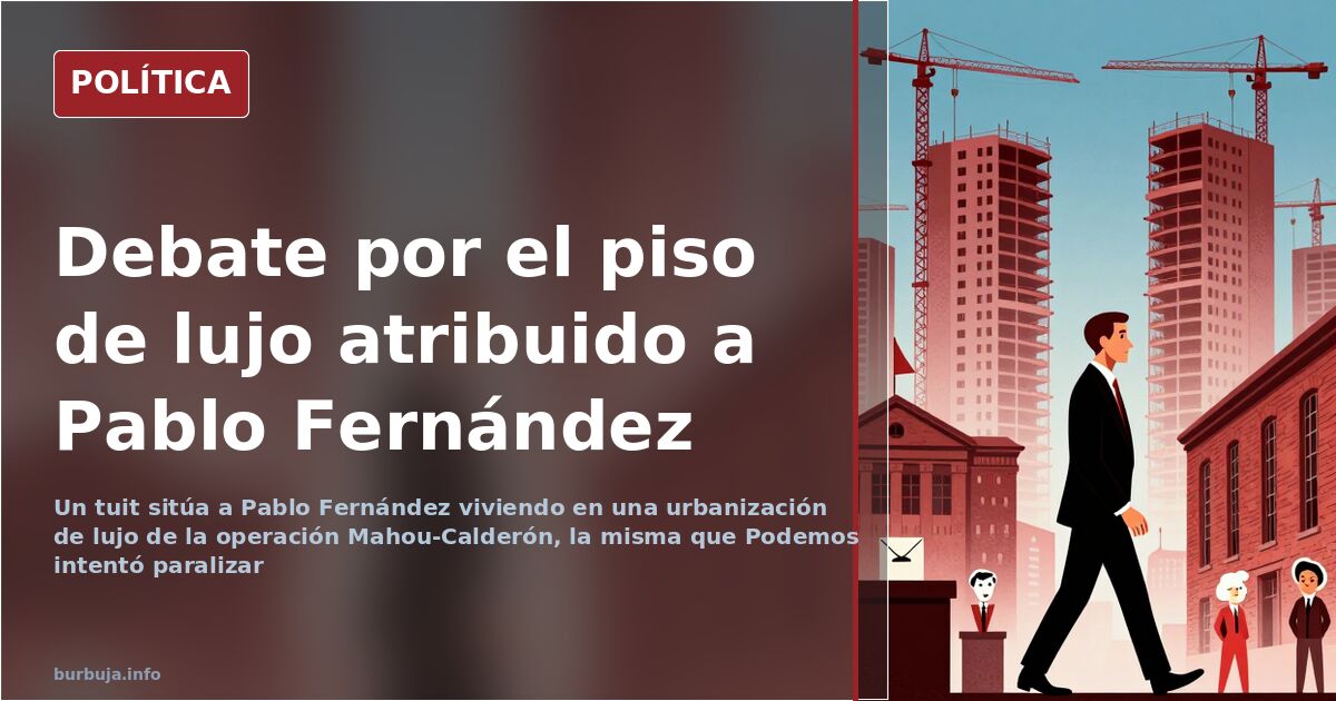 Caricatura editorial de un edificio residencial de lujo junto a las siglas de Podemos