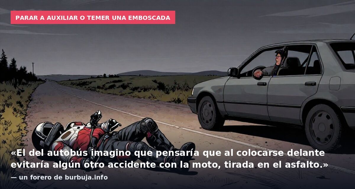Parar a auxiliar o temer una emboscada: «El del autobús imagino que pensaría que al colocarse delante evitaría algún otro accidente con la moto, tirada en el asfalto.» — un forero de burbuja.info