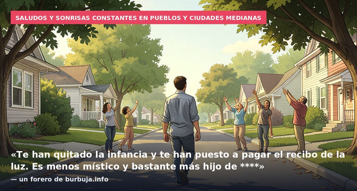 Saludos y sonrisas constantes en pueblos y ciudades medianas: «Te han quitado la infancia y te han puesto a pagar el recibo de la luz. Es menos místico y bastante más hijo de ****» — un forero de burbuja.info