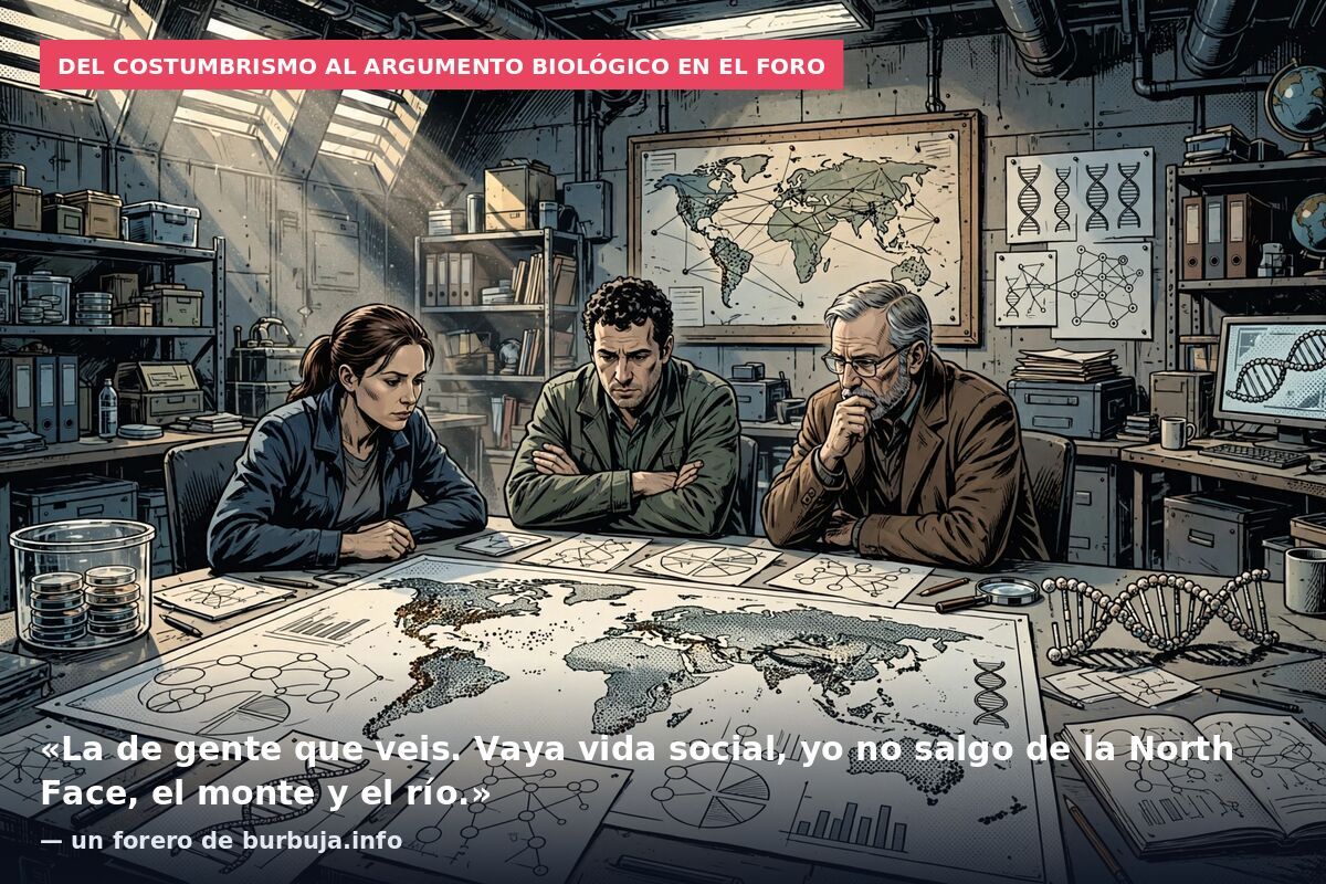 Del costumbrismo al argumento biológico en el foro: «La de gente que veis. Vaya vida social, yo no salgo de la North Face, el monte y el río.» — un forero de burbuja.info