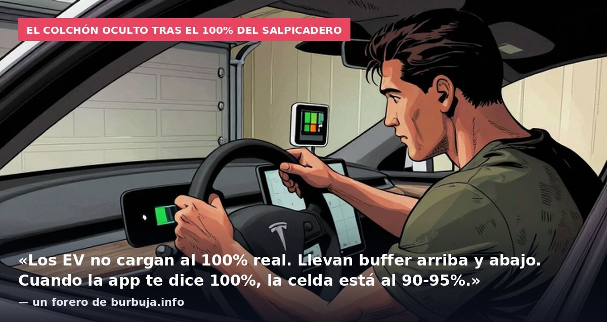 El colchón oculto tras el 100% del salpicadero: «Los EV no cargan al 100% real. Llevan buffer arriba y abajo. Cuando la app te dice 100%, la celda está al 90-95%.» — un forero de burbuja.info