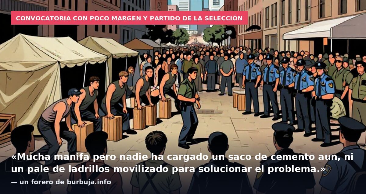 Convocatoria con poco margen y partido de la selección: «Mucha manifa pero nadie ha cargado un saco de cemento aun, ni un pale de ladrillos movilizado para solucionar el problema.» — un forero de burbuja.info
