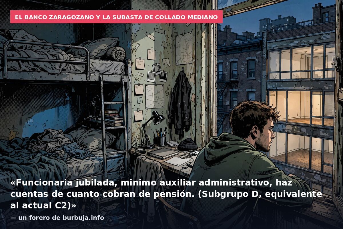 El Banco Zaragozano y la subasta de Collado Mediano: «Funcionaria jubilada, minimo auxiliar administrativo, haz cuentas de cuanto cobran de pensión. (Subgrupo D, equivalente al actual C2)» — un forero de burbuja.info