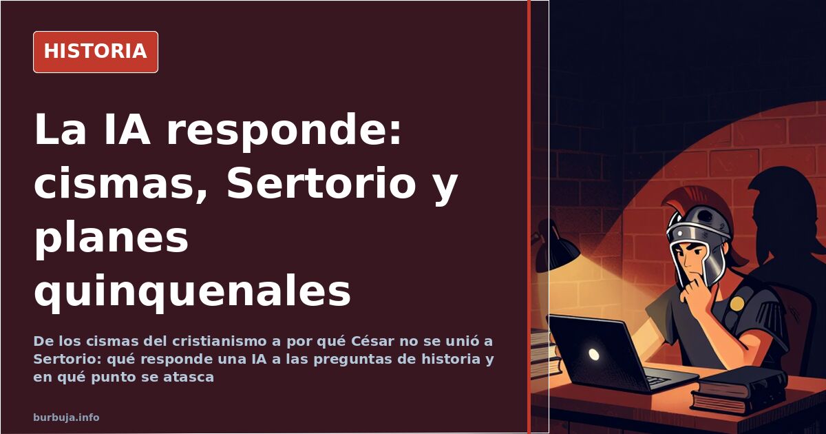 Ilustración de una consulta histórica a una IA con fechas de concilios, cifras y documentos de archivo sobre la mesa
