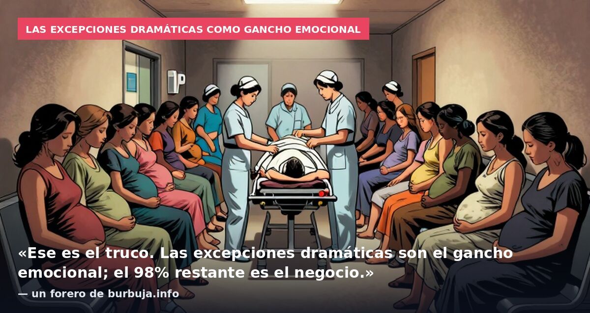 Las excepciones dramáticas como gancho emocional: «Ese es el truco. Las excepciones dramáticas son el gancho emocional; el 98% restante es el negocio.» — un forero de burbuja.info