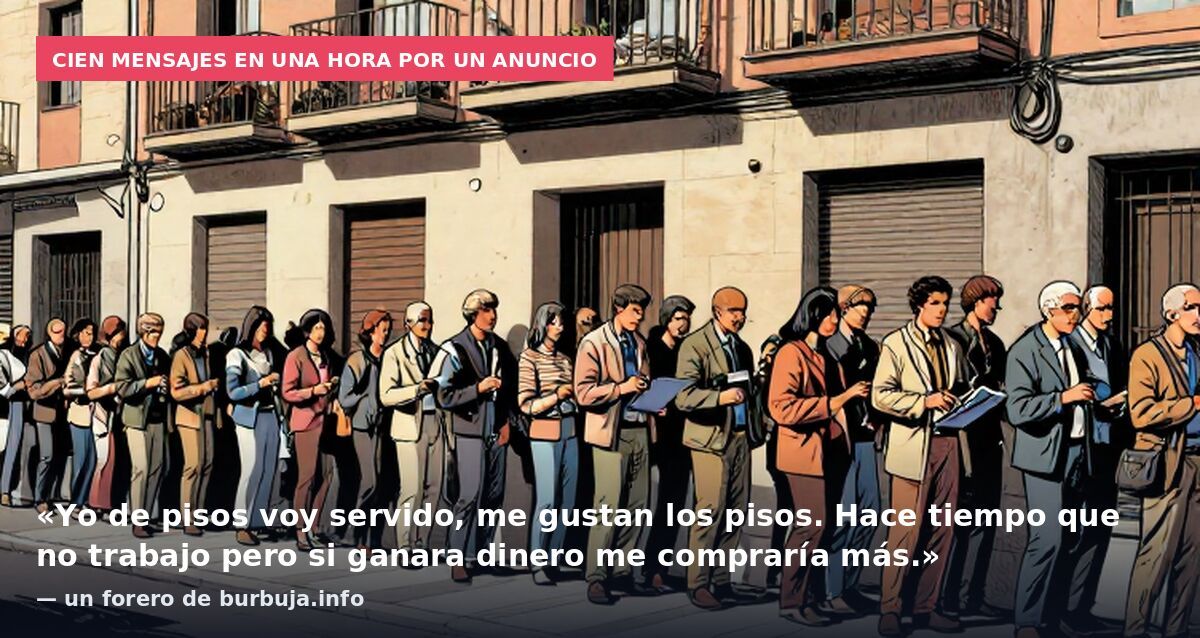 Cien mensajes en una hora por un anuncio: «Yo de pisos voy servido, me gustan los pisos. Hace tiempo que no trabajo pero si ganara dinero me compraría más.» — un forero de burbuja.info