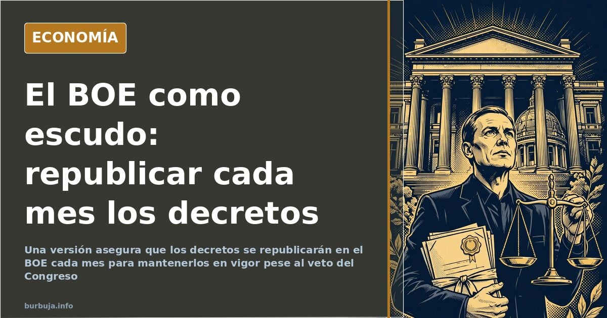 Ilustración editorial azul marino y dorada con un decreto sellado y una fecha de caducidad de treinta días en el BOE