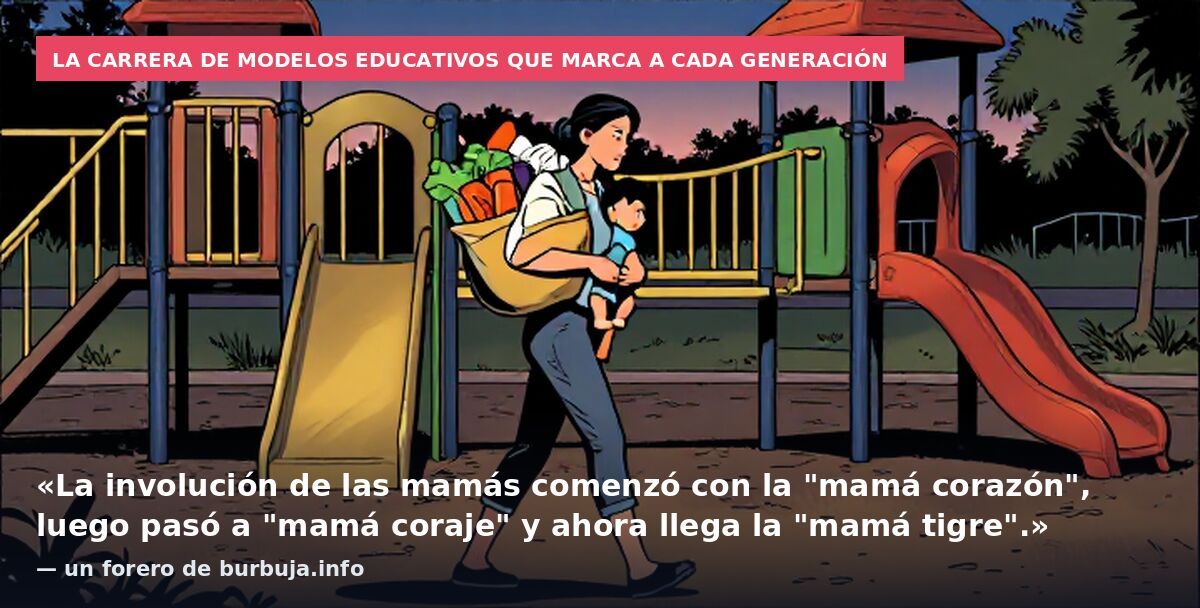 La carrera de modelos educativos que marca a cada generación: «La involución de las mamás comenzó con la "mamá corazón", luego pasó a "mamá coraje" y ahora llega la "mamá tigre".» — un forero de burbuja.info