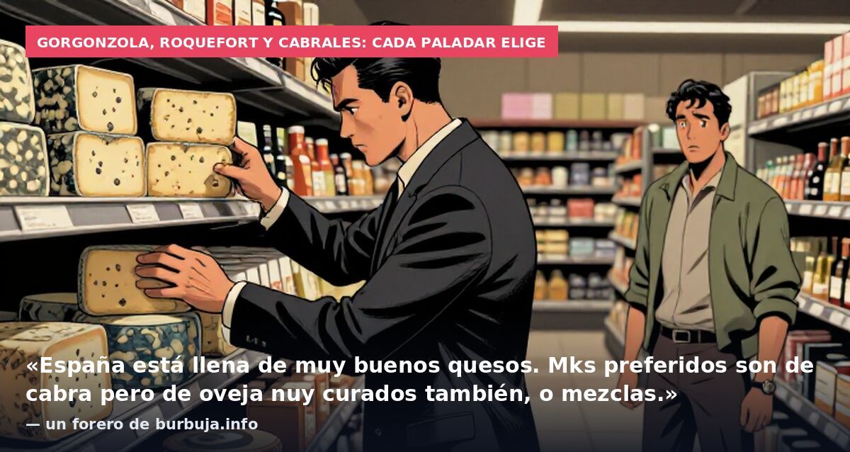 Gorgonzola, roquefort y cabrales: cada paladar elige: «España está llena de muy buenos quesos. Mks preferidos son de cabra pero de oveja nuy curados también, o mezclas.» — un forero de burbuja.info