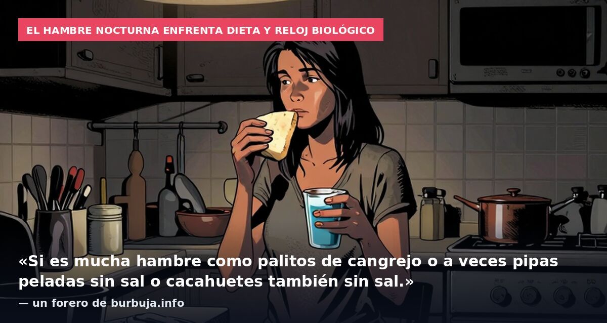 El hambre nocturna enfrenta dieta y reloj biológico: «Si es mucha hambre como palitos de cangrejo o a veces pipas peladas sin sal o cacahuetes también sin sal.» — un forero de burbuja.info