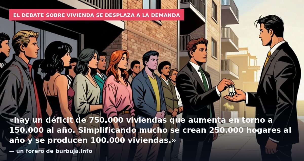 El debate sobre vivienda se desplaza a la demanda: «hay un déficit de 750.000 viviendas que aumenta en torno a 150.000 al año. Simplificando mucho se crean 250.000 hogares al año y se producen 100.000 viviendas.» — un forero de burbuja.info
