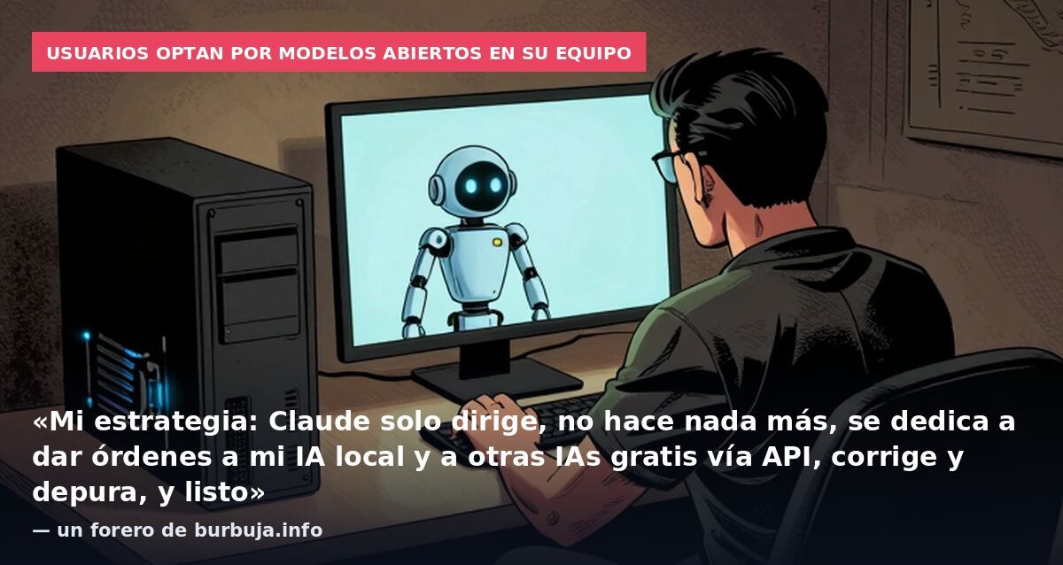 Usuarios optan por modelos abiertos en su equipo: «Mi estrategia: Claude solo dirige, no hace nada más, se dedica a dar órdenes a mi IA local y a otras IAs gratis vía API, corrige y depura, y listo» — un forero de burbuja.info