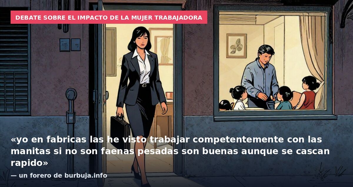 Debate sobre el impacto de la mujer trabajadora: «yo en fabricas las he visto trabajar competentemente con las manitas si no son faenas pesadas son buenas aunque se cascan rapido» — un forero de burbuja.info