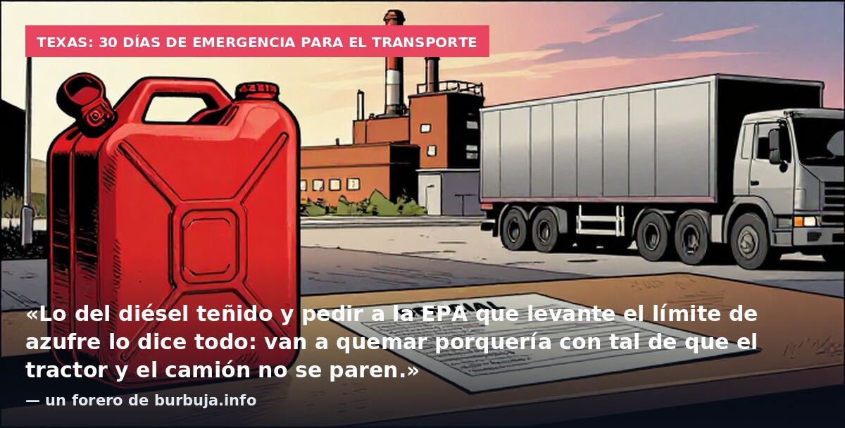 Texas: 30 días de emergencia para el transporte: «Lo del diésel teñido y pedir a la EPA que levante el límite de azufre lo dice todo: van a quemar porquería con tal de que el tractor y el camión no se paren.» — un forero de burbuja.info