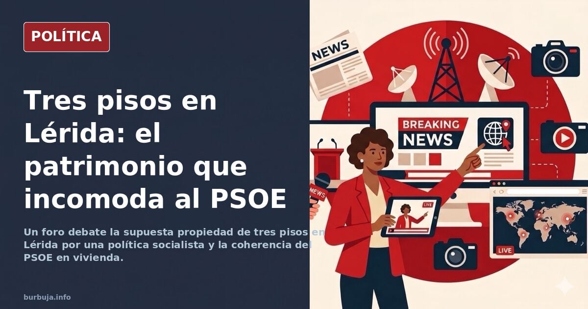 Ilustración editorial de una política socialista junto a tres edificios de viviendas en Lérida, con símbolos del PSOE y el Co
