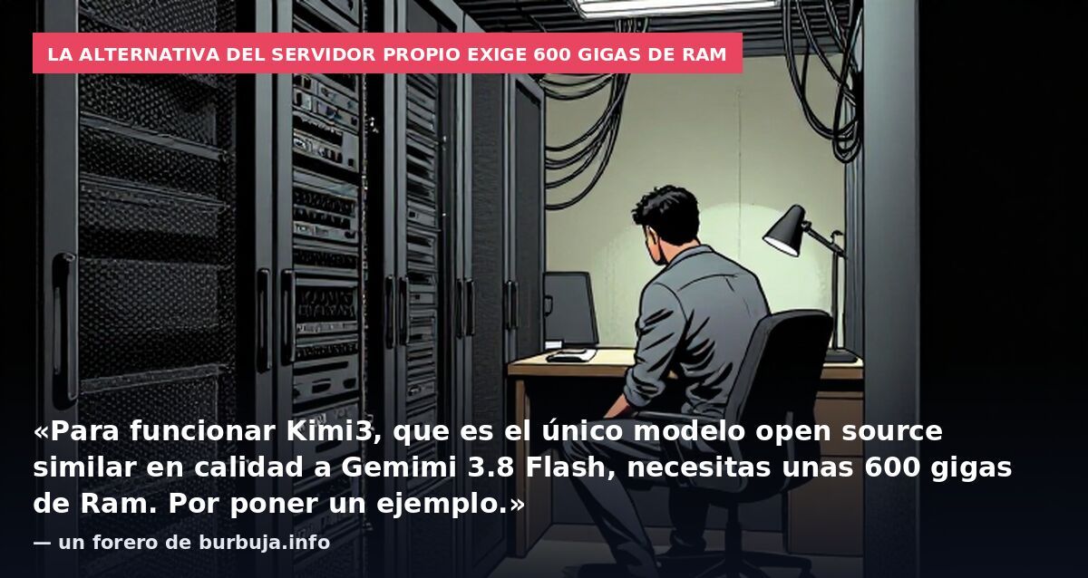 La alternativa del servidor propio exige 600 gigas de RAM: «Para funcionar Kimi3, que es el único modelo open source similar en calidad a Gemimi 3.8 Flash, necesitas unas 600 gigas de Ram. Por poner un ejemplo.» — un forero de burbuja.info