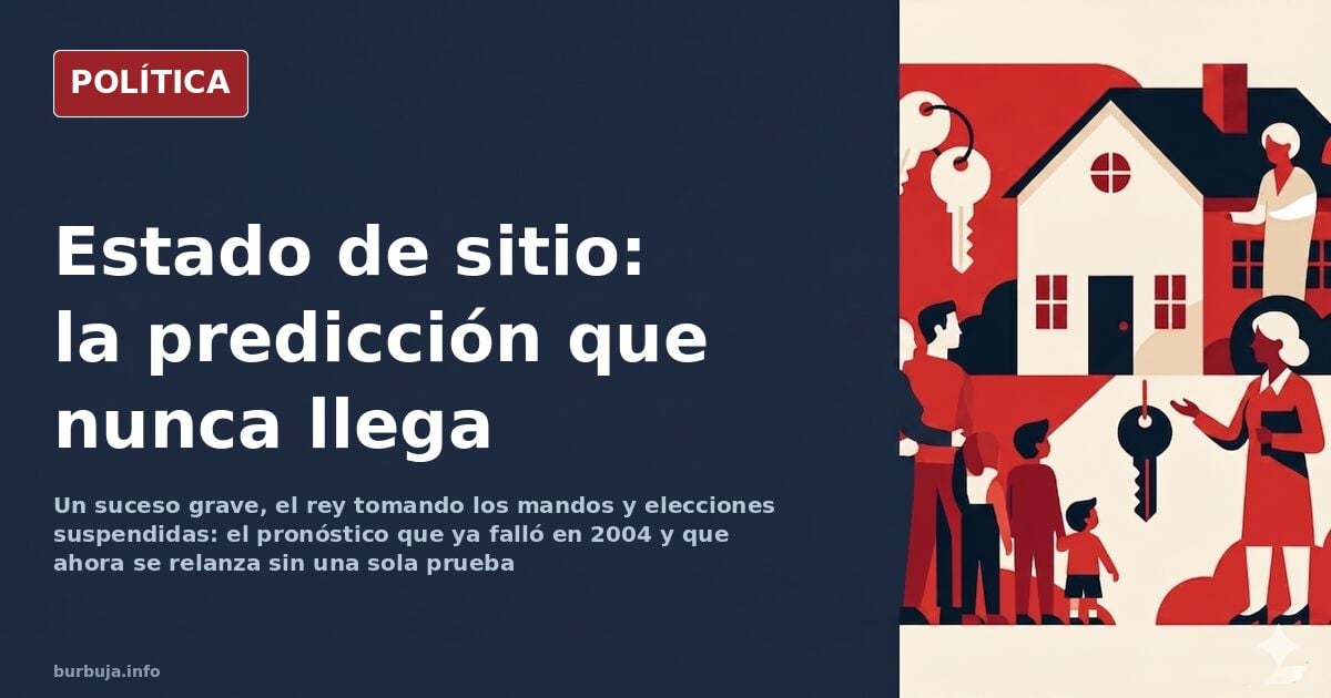 Ilustración editorial de un estado de sitio con parlamento, urna y banderas en tonos rojos y azules apagados