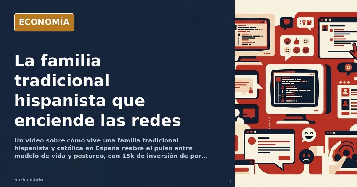 Mesa familiar numerosa con símbolos católicos en un salón español, ilustración editorial en azul y dorado