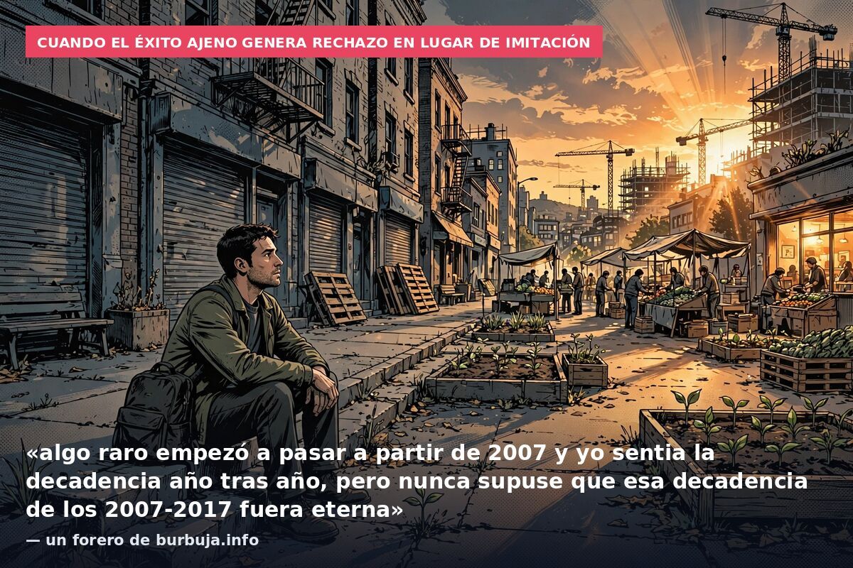 Cuando el éxito ajeno genera rechazo en lugar de imitación: «algo raro empezó a pasar a partir de 2007 y yo sentia la decadencia año tras año, pero nunca supuse que esa decadencia de los 2007-2017 fuera eterna» — un forero de burbuja.info