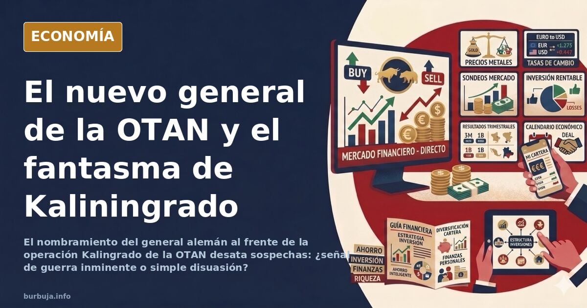 Ilustración editorial de un general alemán de la OTAN ante un mapa de Kaliningrado, con tonos azul marino y dorado