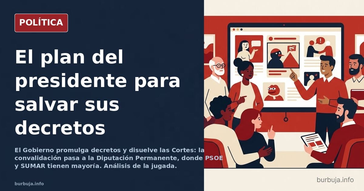 Ilustración editorial de un hemiciclo con escaños vacíos y una urna de votación en primer plano, en tonos rojos y azules apag