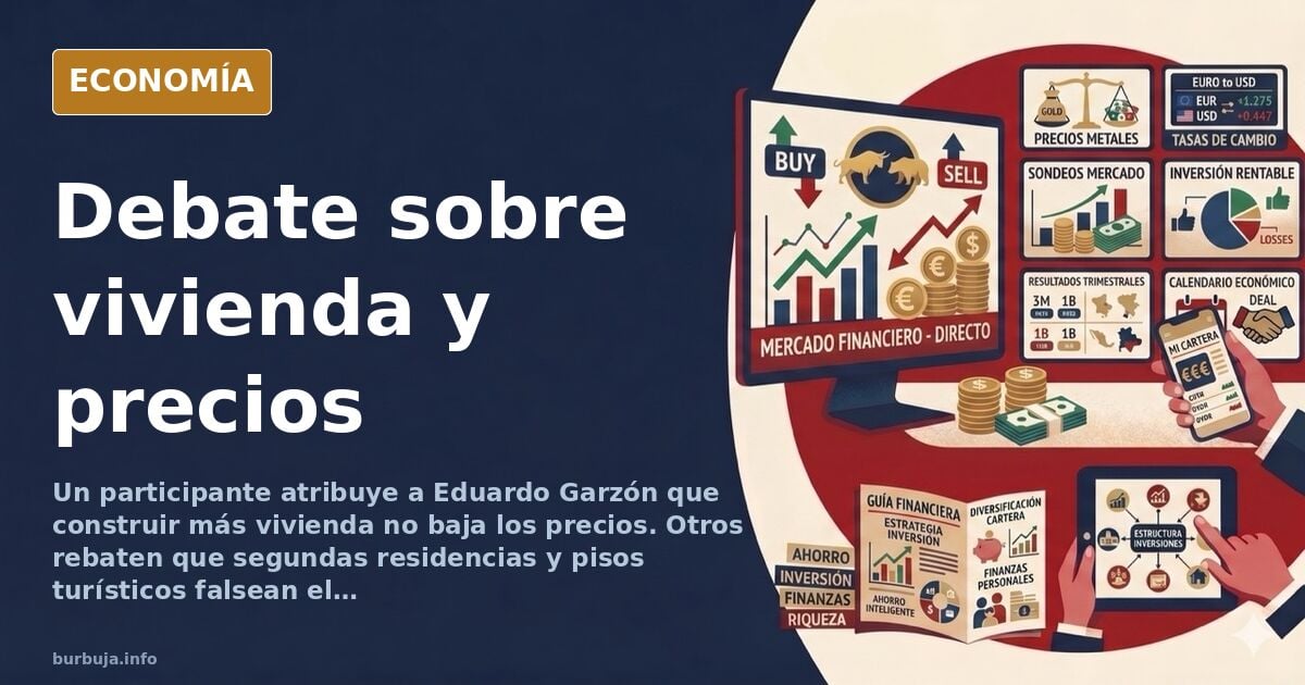 Ilustración editorial de edificios apilados sobre una balanza desequilibrada, con una ciudad al fondo y viviendas dispersas e
