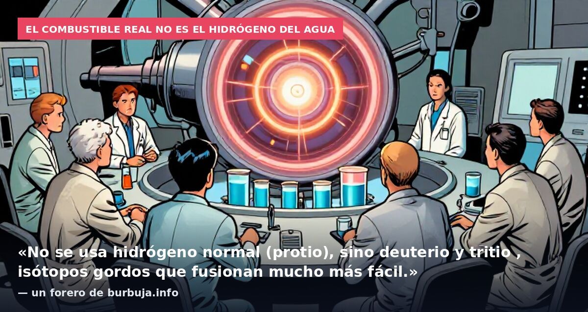 El combustible real no es el hidrógeno del agua: «No se usa hidrógeno normal (protio), sino deuterio y tritio , isótopos gordos que fusionan mucho más fácil.» — un forero de burbuja.info