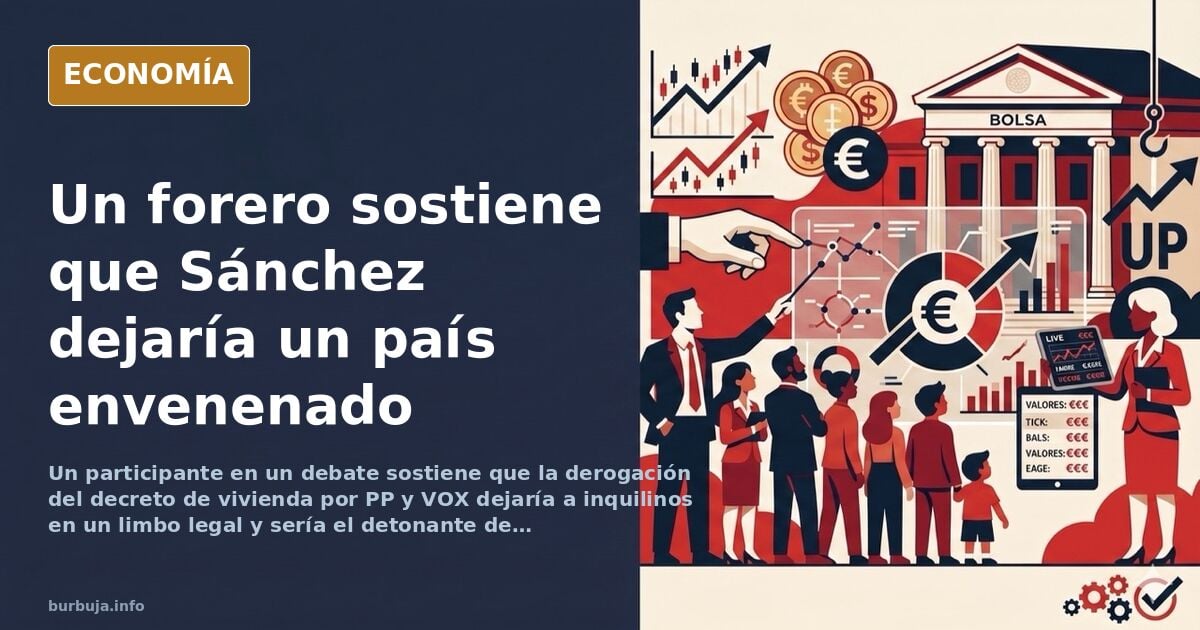 Ilustración editorial de un edificio de viviendas con contratos de alquiler rotos y una balanza desequilibrada en tonos azul 