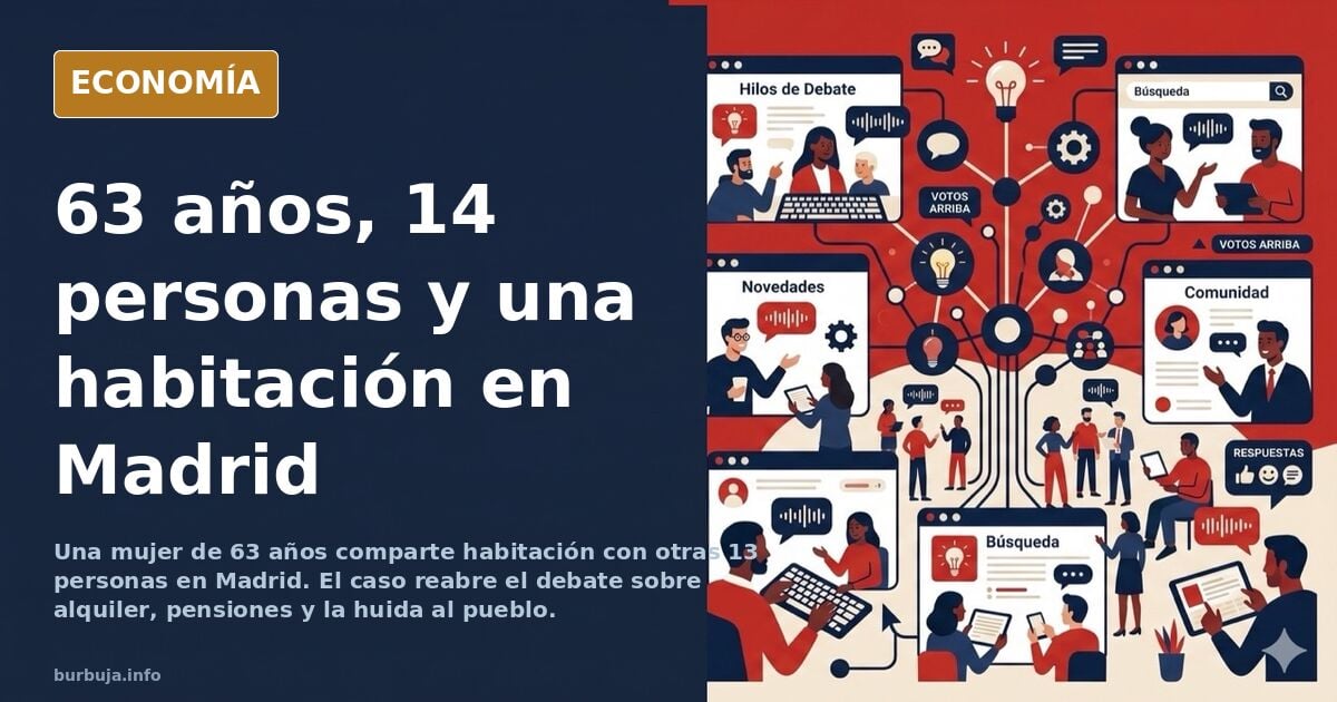 Ilustración editorial de una habitación compartida con literas y una mujer mayor sentada en la cama, en tonos azul marino y d