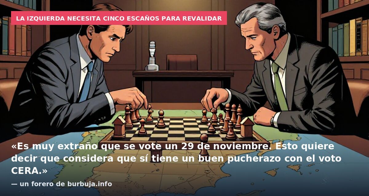 La izquierda necesita cinco escaños para revalidar: «Es muy extraño que se vote un 29 de noviembre. Esto quiere decir que considera que sí tiene un buen pucherazo con el voto CERA.» — un forero de burbuja.info
