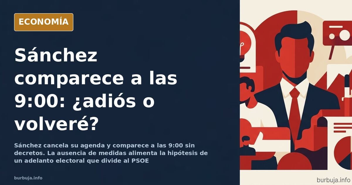 Ilustración editorial de un atril vacío en un atril de comparecencia con banderas de España y la UE al fondo, en tonos azul m
