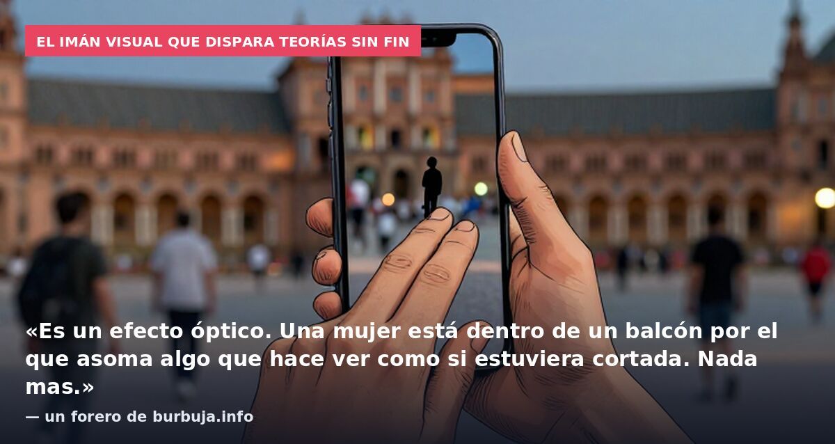 El imán visual que dispara teorías sin fin: «Es un efecto óptico. Una mujer está dentro de un balcón por el que asoma algo que hace ver como si estuviera cortada. Nada mas.» — un forero de burbuja.info