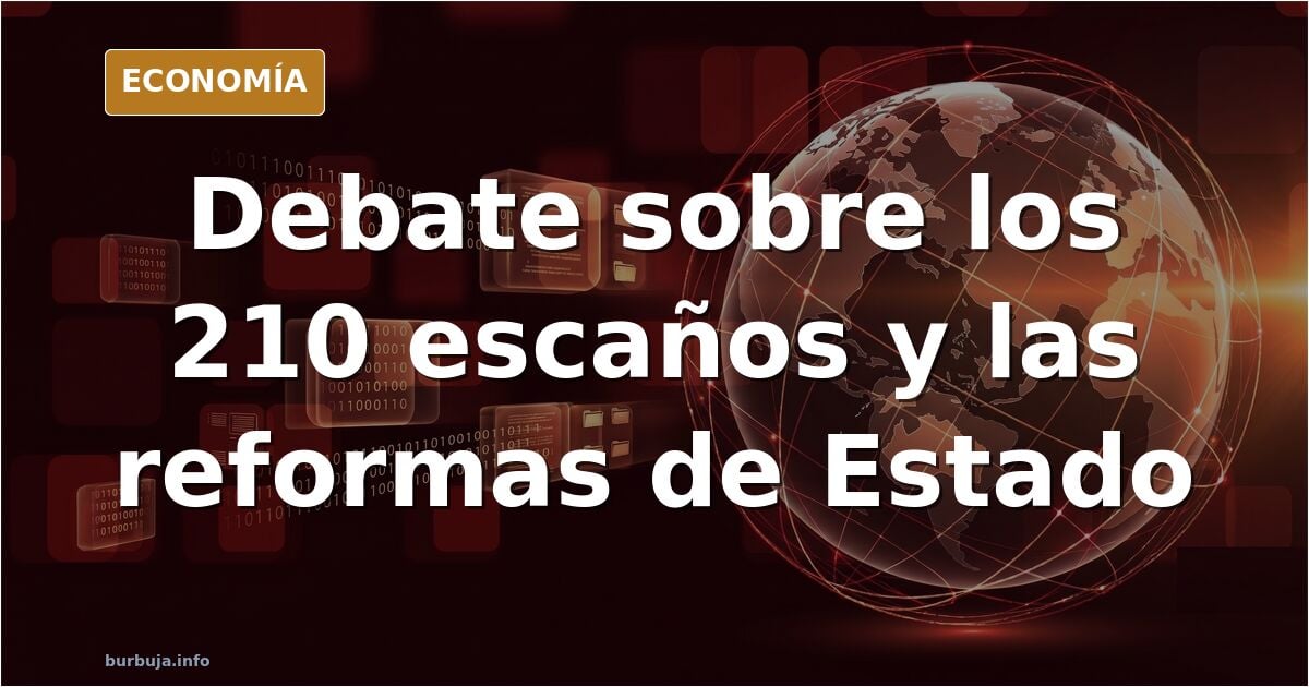 Ilustración editorial de escaños vacíos en un hemiciclo con la cifra 210 destacada en dorado sobre fondo azul marino