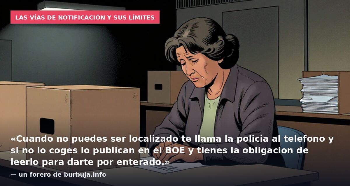 Las vías de notificación y sus límites: «Cuando no puedes ser localizado te llama la policia al telefono y si no lo coges lo publican en el BOE y tienes la obligacion de leerlo para darte por enterado.» — un forero de burbuja.info