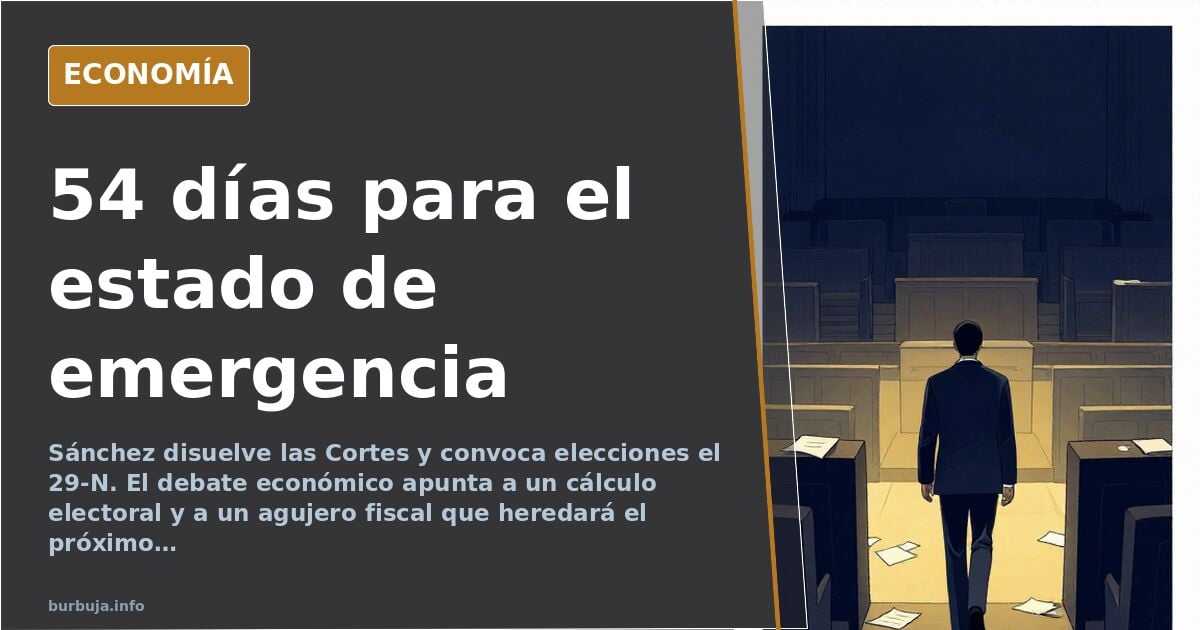 Ilustración editorial de un calendario electoral español con 54 días marcados y un edificio del Congreso al fondo en tonos az
