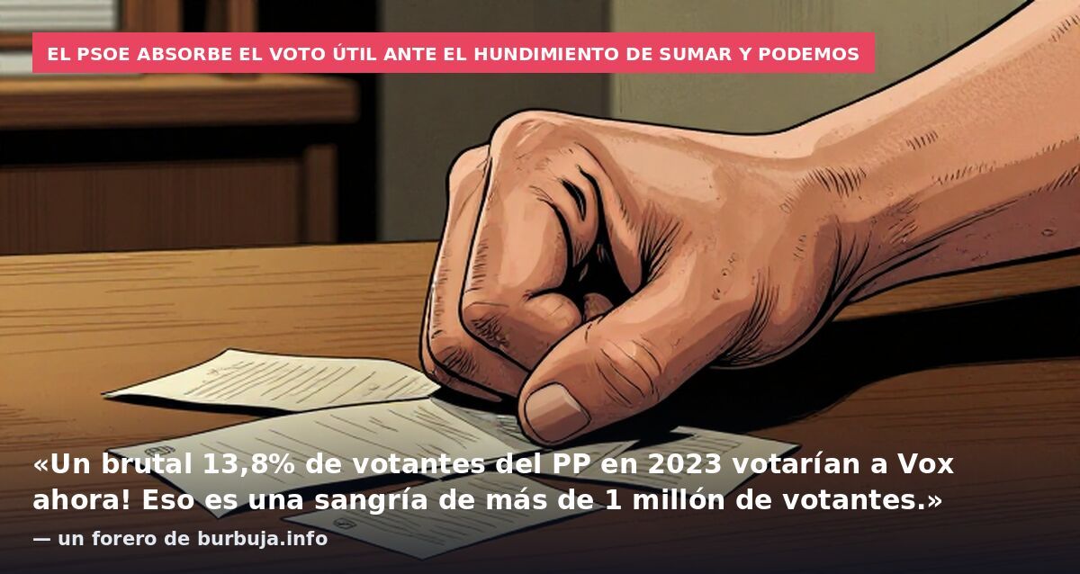 El PSOE absorbe el voto útil ante el hundimiento de Sumar y Podemos: «Un brutal 13,8% de votantes del PP en 2023 votarían a Vox ahora! Eso es una sangría de más de 1 millón de votantes.» — un forero de burbuja.info