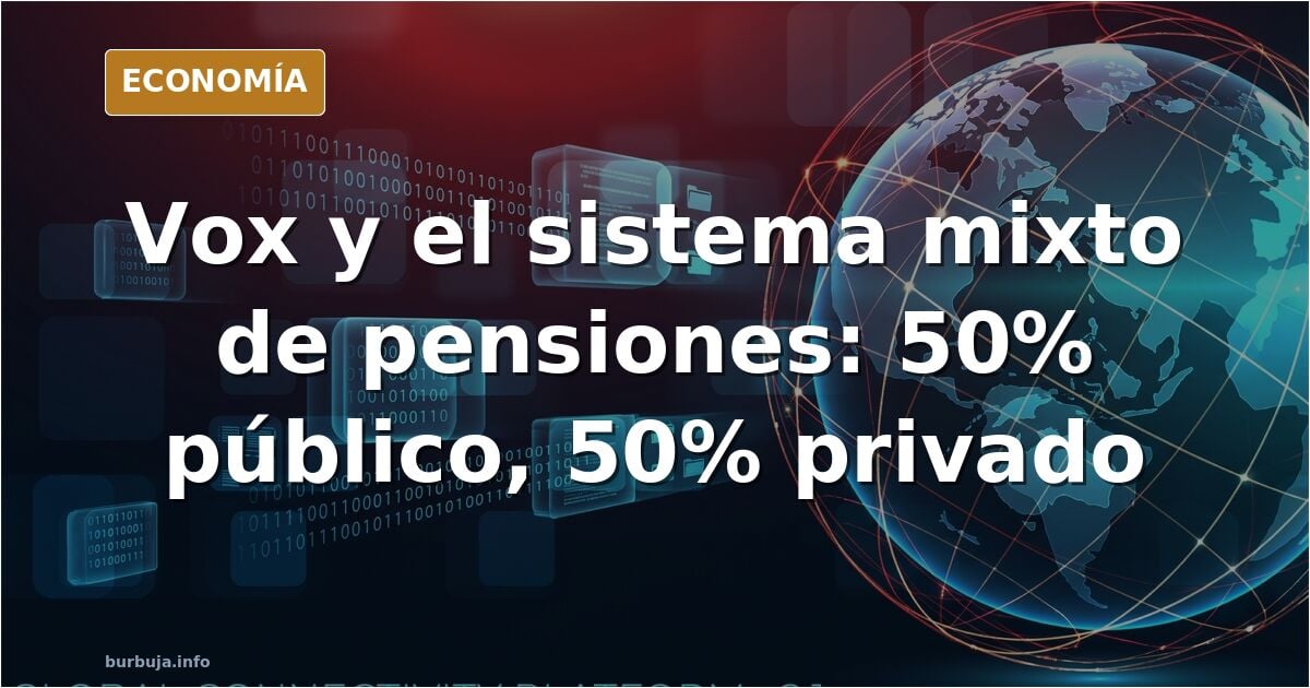 Ilustración editorial de un sistema de pensiones dividido en dos mitades, una pública y otra privada, con una urna electoral 