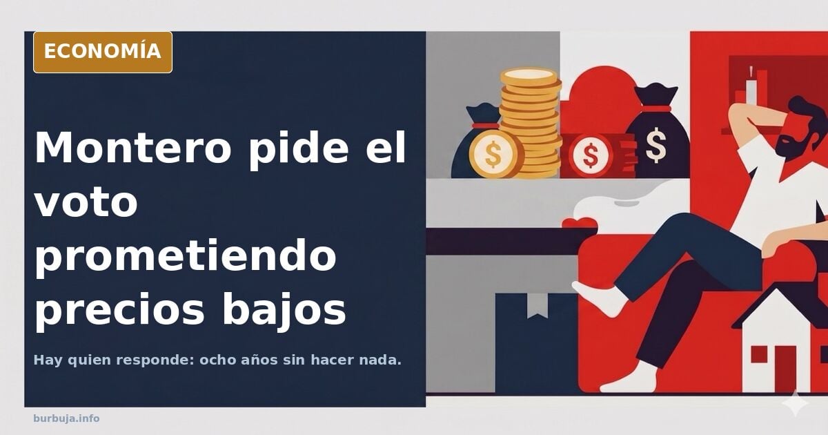 Ilustración editorial de una figura política pidiendo el voto con una casa al fondo, en azul marino y dorado
