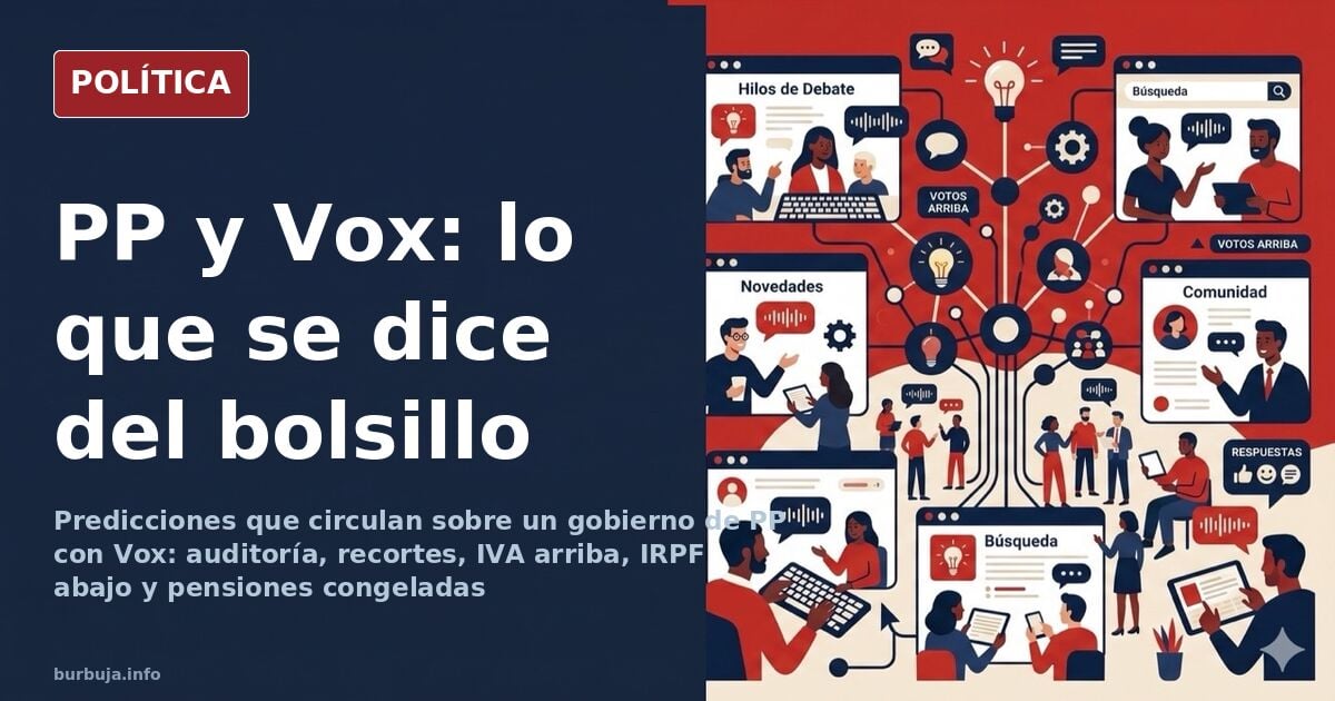 Ilustración editorial de un hemiciclo con urna electoral y gráficos económicos sobre impuestos y pensiones