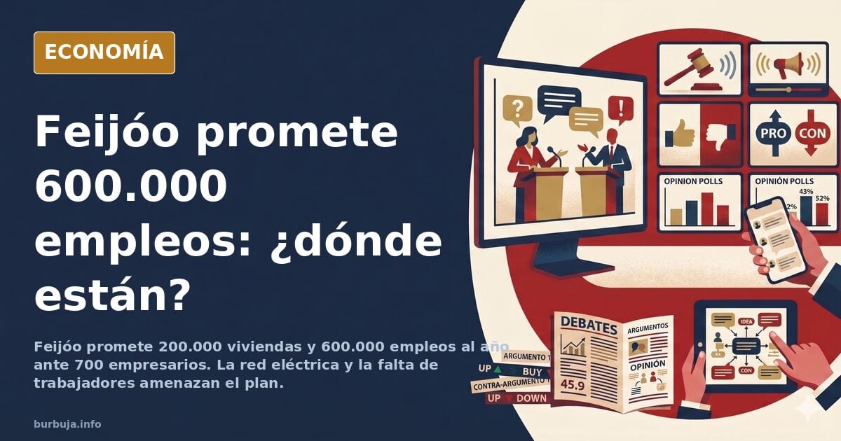 Ilustración editorial de un político ante una audiencia de empresarios con gráficos de vivienda y empleo en azul marino y dor