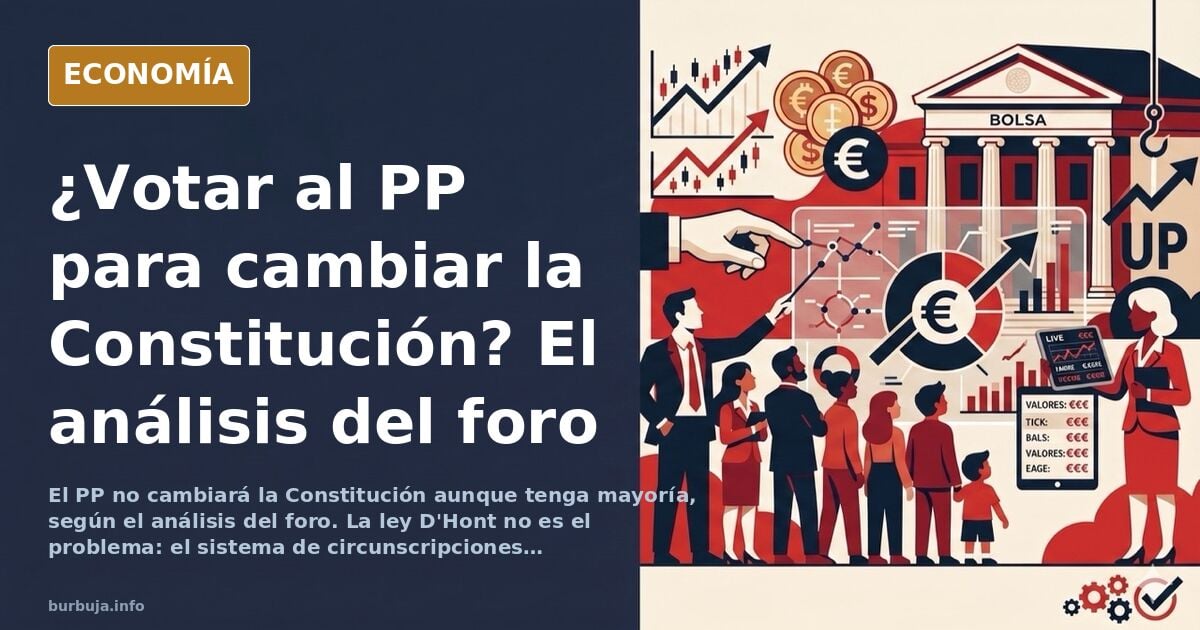 Ilustración editorial sobre la votación al PP y la ley D'Hont con urnas y papeletas en tonos azul marino y dorado