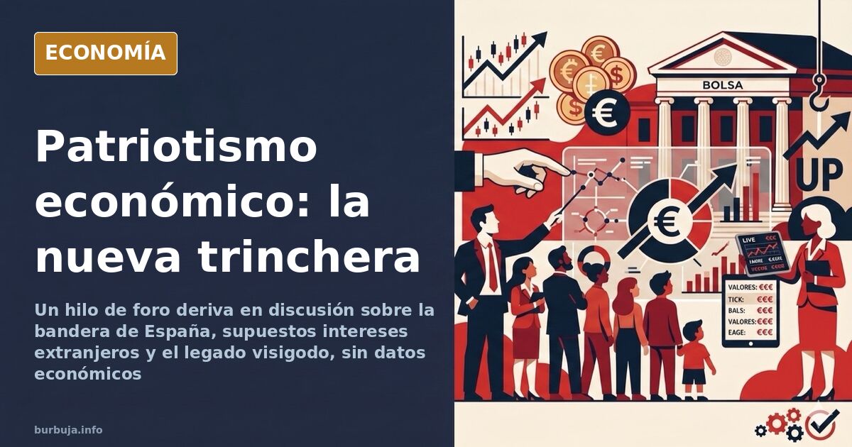 Ilustración editorial de una bandera de España sobre un fondo de gráficos económicos y titulares de prensa