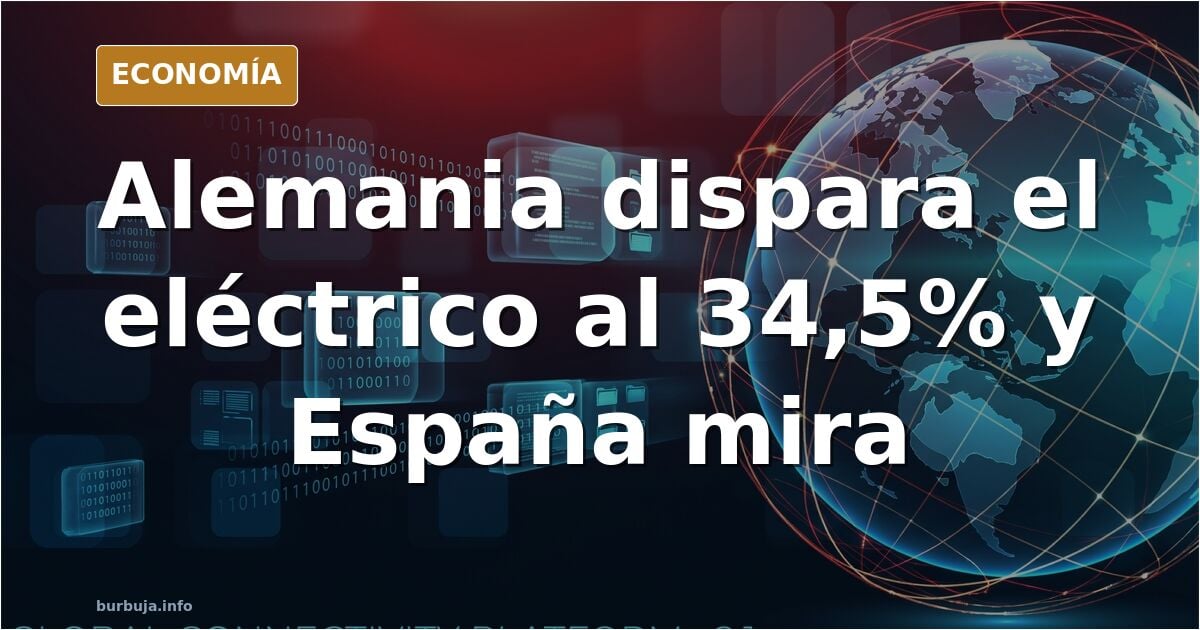 Ilustración editorial de un coche eléctrico enchufado frente a una casa unifamiliar alemana, con gráfico de cuota de mercado 