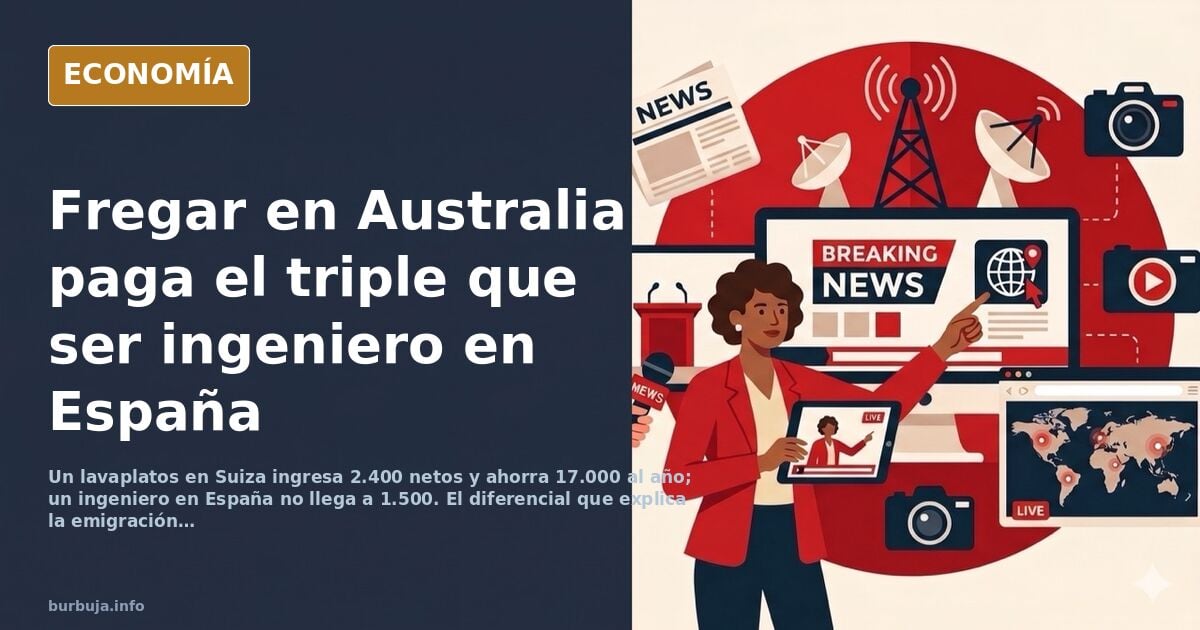 Ilustración editorial de un titulado español trabajando en un empleo de baja cualificación en Australia